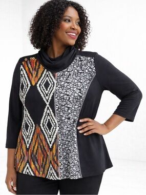Aztek chic multi textured top warm colors Navajo style long sleeve Cowl neck M